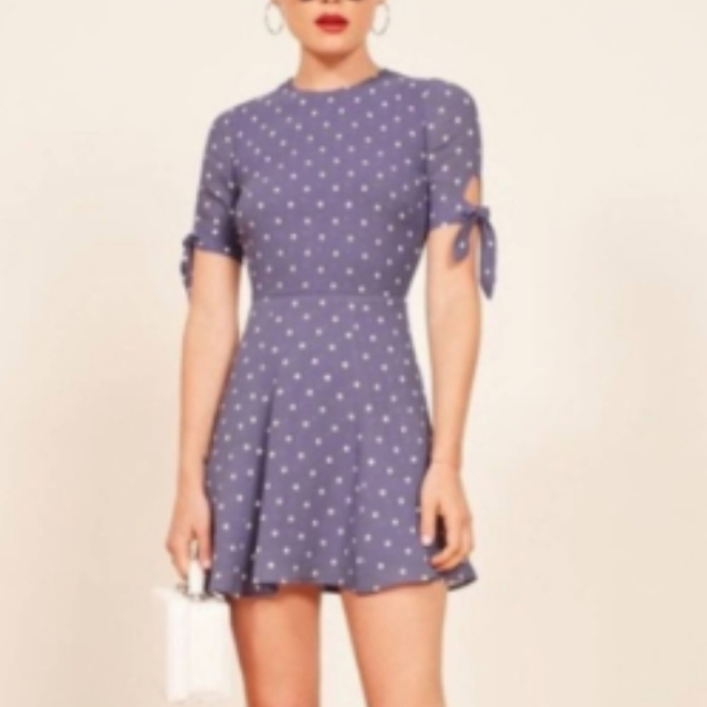 Reformation Purple Polka Dot Keyhole Dress